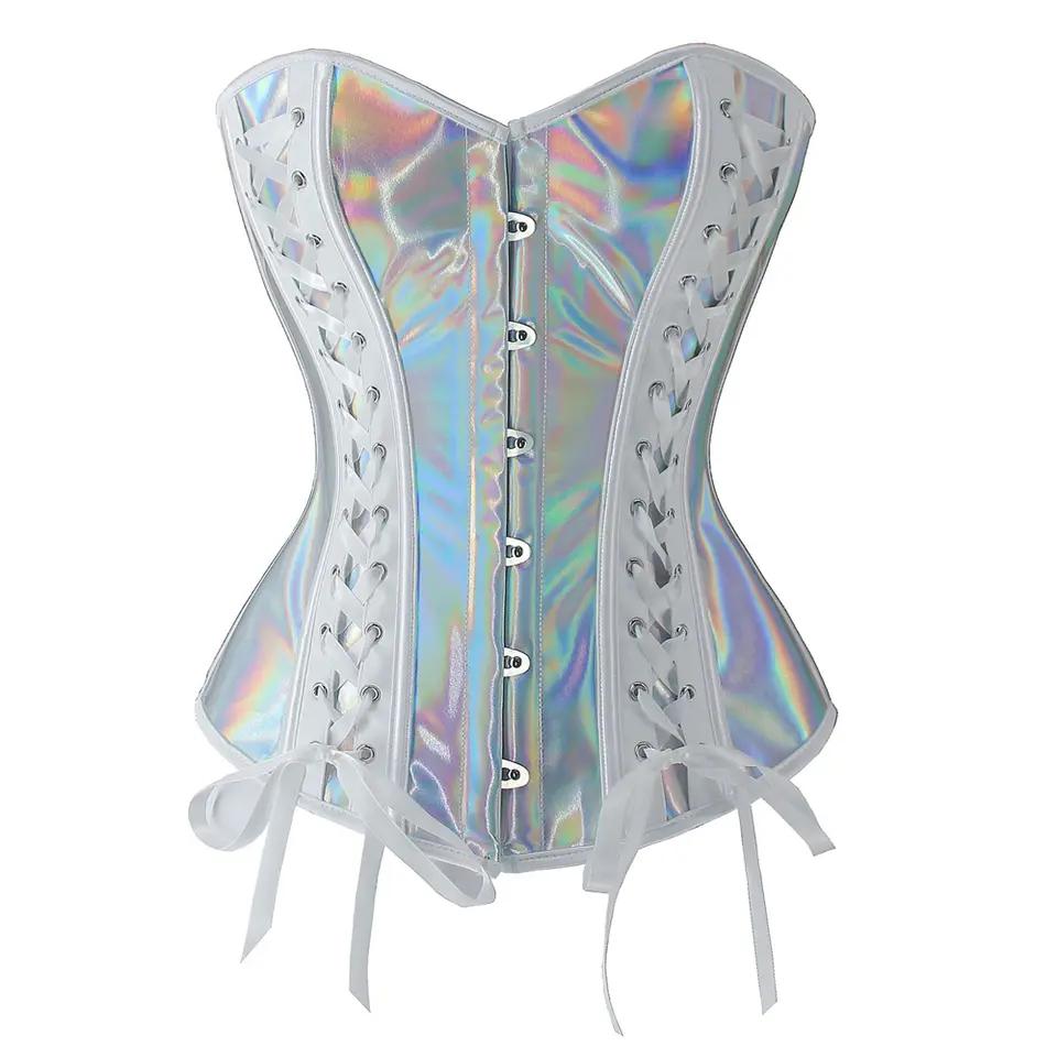 Gothic PU Leather Overbust Corset - Silver