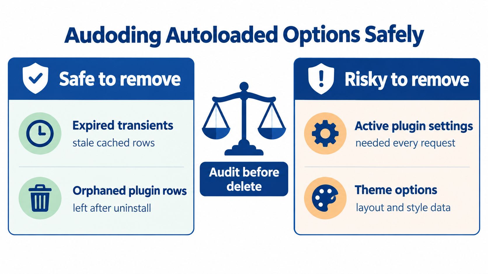 An infographic showing which autoloaded database options are safe or risky to delete in WordPress.