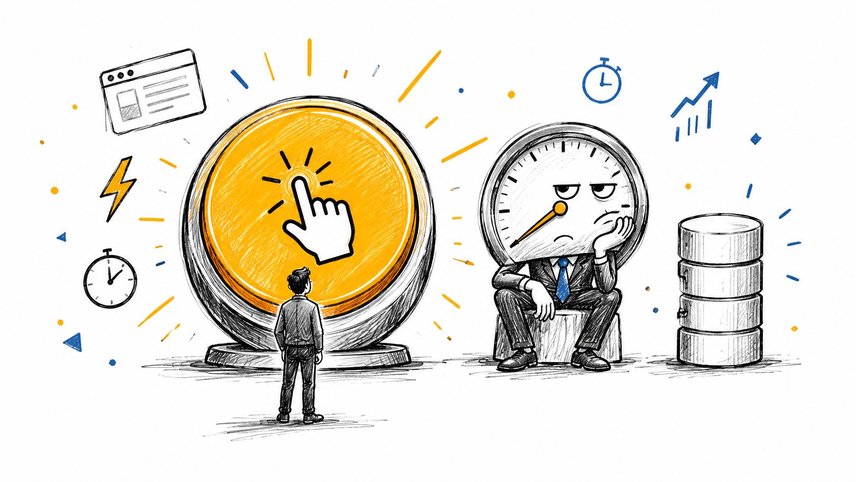 A conceptual illustration showing a person clicking a large button while a bored clock-faced businessman waits.